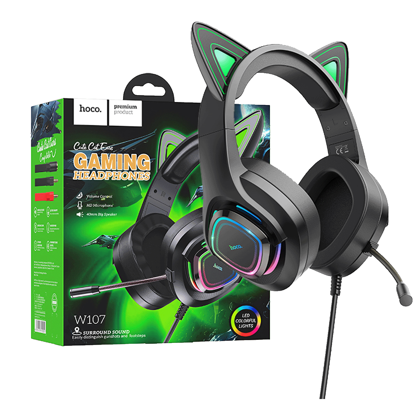 hoco. Slušalice sa mikrofonom, gaming, USB/3.5 mm, LED - W107 Cute Cat Black/Green
