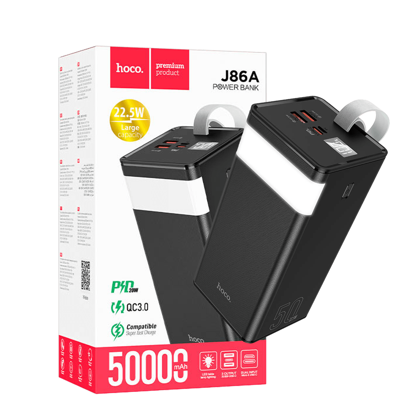 hoco. Punjač prijenosni sa lampom, 50000mAh, brzi QC/PD, 3A - J86A Powermaster