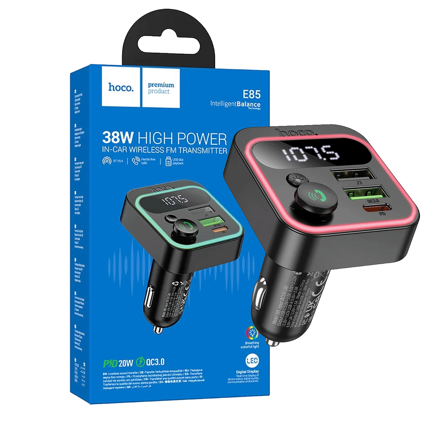 hoco. FM modulator, Bluetooth, 12/24V, 2 x USB, PD QC3.0 20W - E85 Tiger