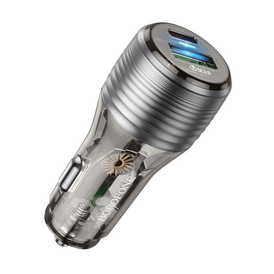 Auto Punjač sa kablom 1m Type-C to Type-C BOROFONE BZ30 Absolute PD30W+QC3.0 car charger set USB + Type-C, transparent black