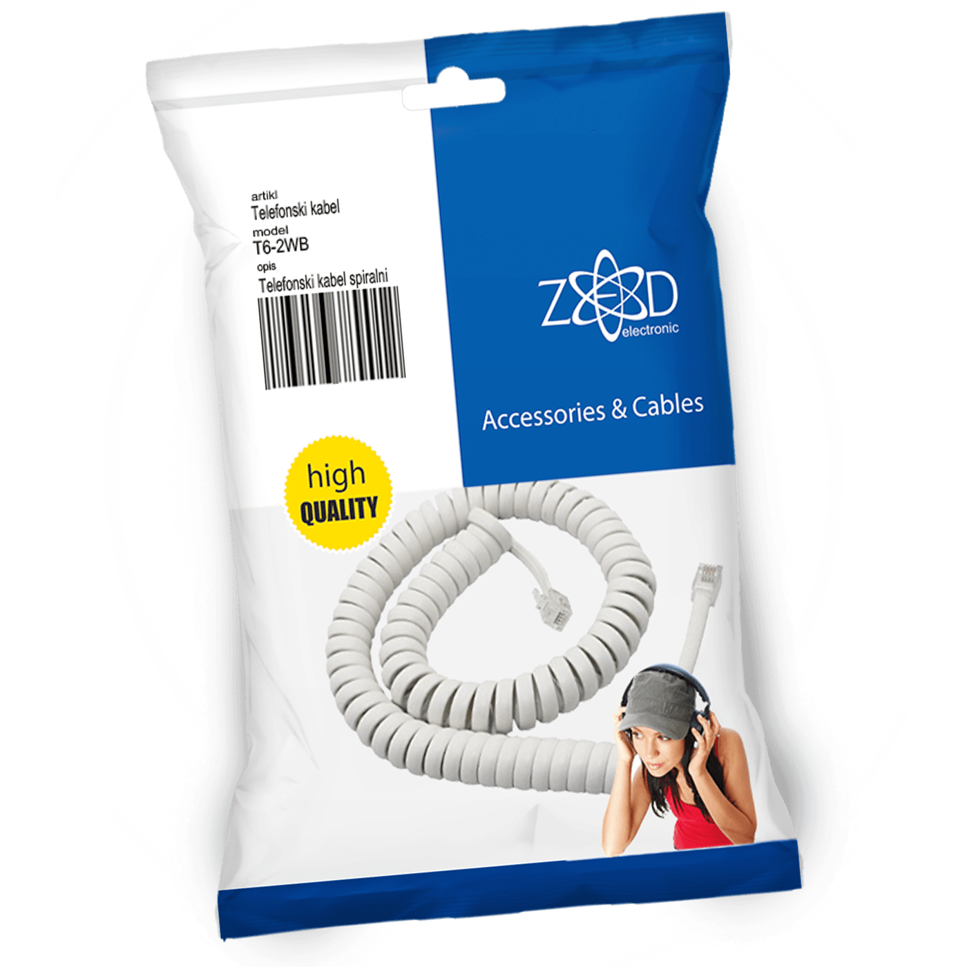 ZED electronic Telefonski kabl spiralni za slušalicu,dužina 2 metra,bijeli - T6-2WB