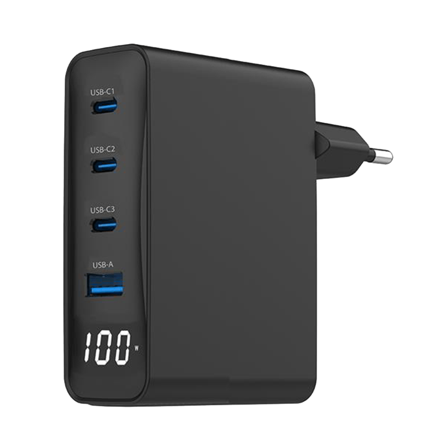USB punjač 3xType-C + USB-A , 4-port 100W GaN USB fast charger, LCD, black, GEMBIRD, TA-UC-PDQC100LCD-01-BK