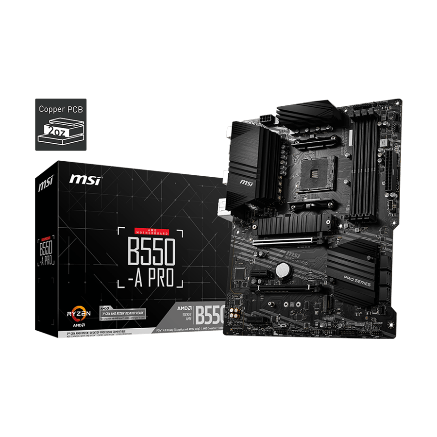 MSI Main Board Desktop B550-A PRO (AM4, 4xDDR4, 1xPCI-Ex16, 2xPCI-Ex1, USB3.2, 6xSATA III,2xM.2, DP, HDMI)