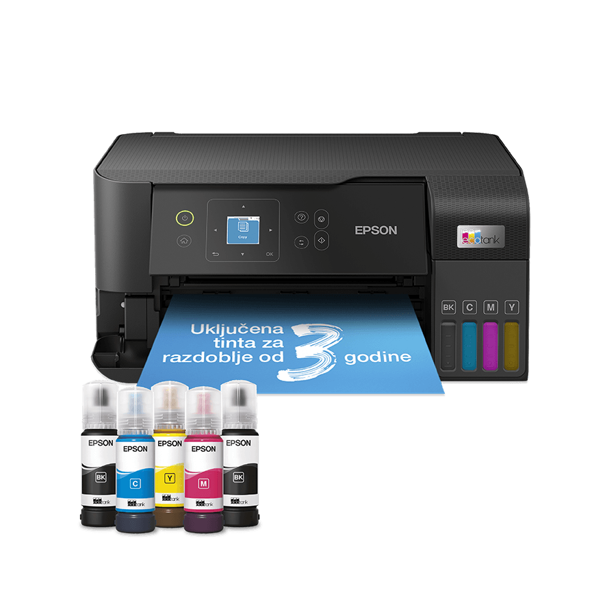 Printer EPSON EcoTank L3560 print/scan/copy/fax Rez.4.800 x 1.200 dpi. 33str/min Monokrom.20str/min Colour. ADF.Duplex.USB, LAN.WiFi. tinte br.103