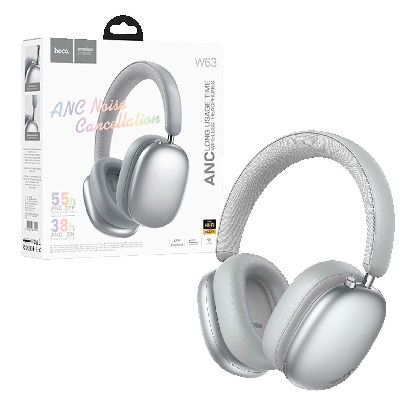 hoco. Bežične slušalice, Bluetooth, ANC - W63 Silver