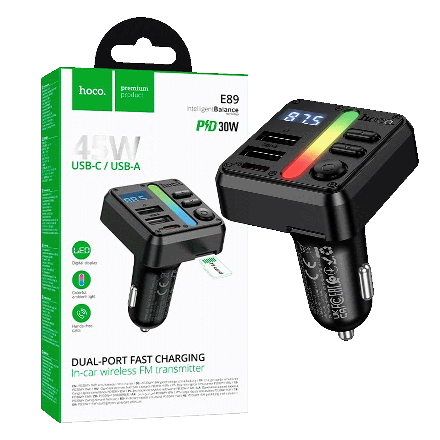 hoco. FM modulator, Bluetooth, 12V/24V, 2xUSB-A, 1xUSB-C, PD/QC - E89