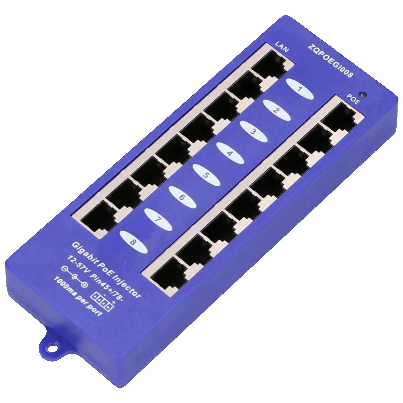 Extralink PoE Injector 8 1000Mb/s RJ45 portova, Mode B, pasivni - 8 Port Gigabit PoE Injector